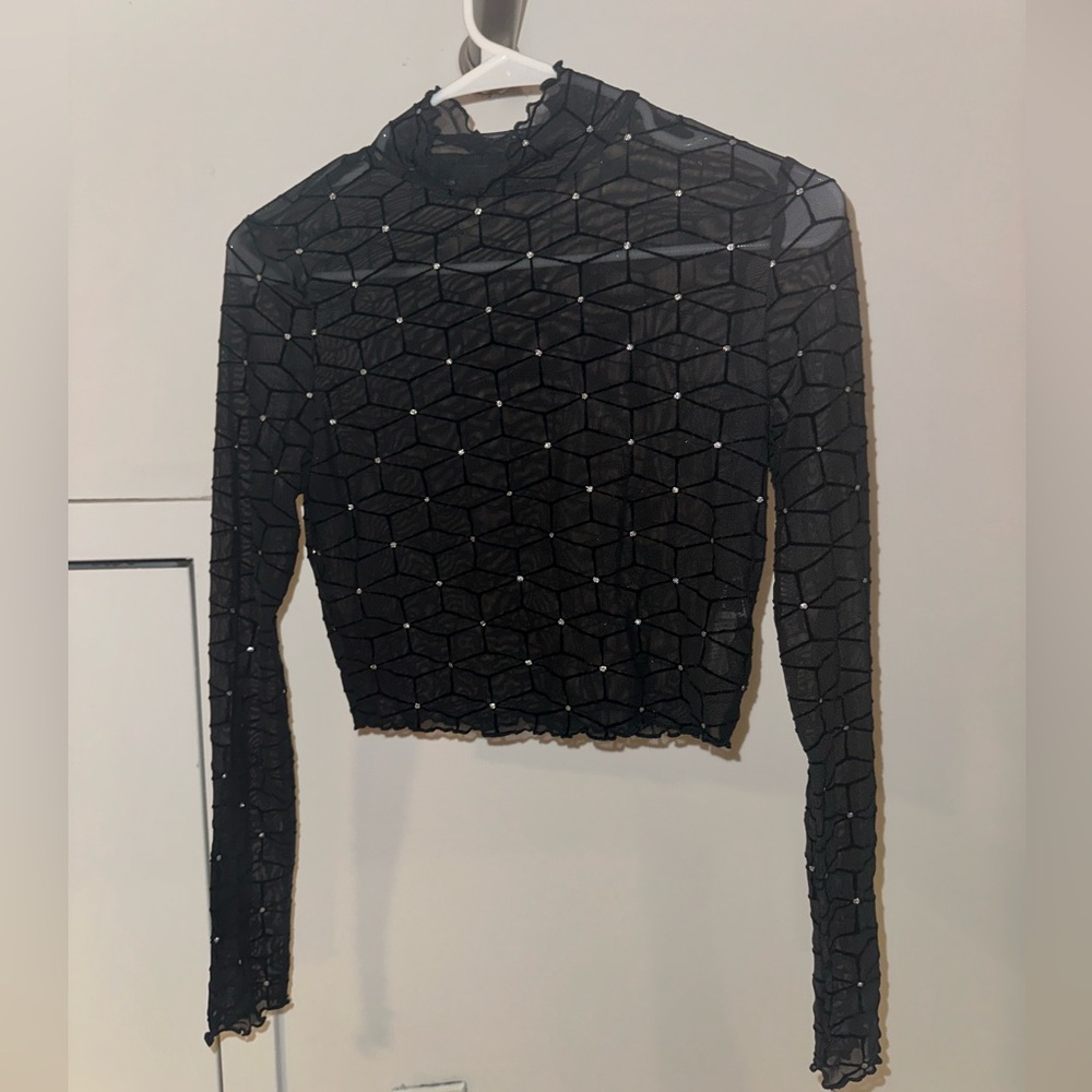 Mock Neck Glitter Dot Geo Mesh Top